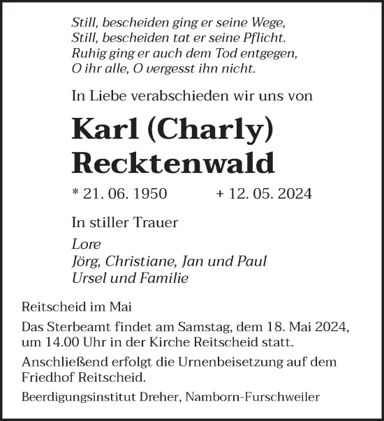 Todesanzeige von Karl Recktenwald von saarbruecker_zeitung