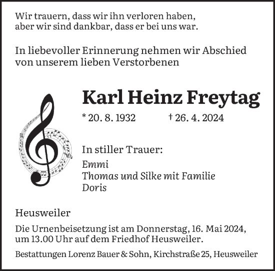 Todesanzeige von Karl Heinz Freytag von saarbruecker_zeitung