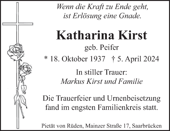 Todesanzeige von Katharina Kirst von saarbruecker_zeitung