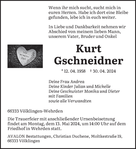 Todesanzeige von Kurt Gschneidner von saarbruecker_zeitung