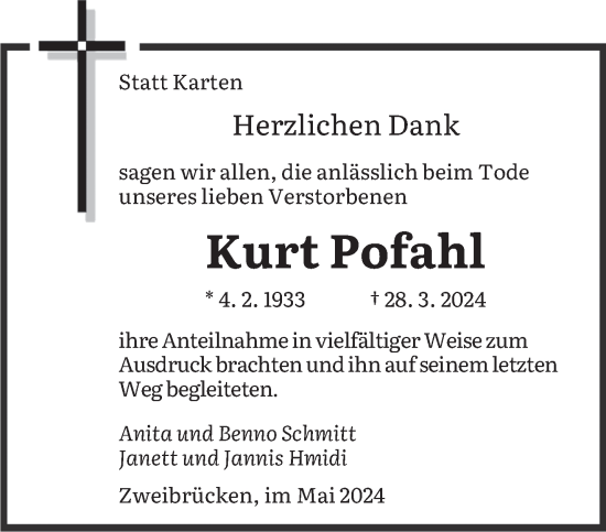 Todesanzeige von Kurt Pofahl von saarbruecker_zeitung