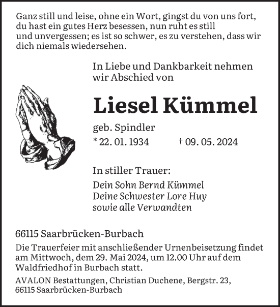 Todesanzeige von Liesel Kümmel von saarbruecker_zeitung