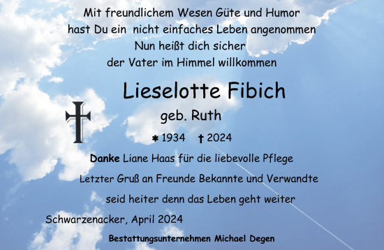 Todesanzeige von Lieselotte Fibich von saarbruecker_zeitung