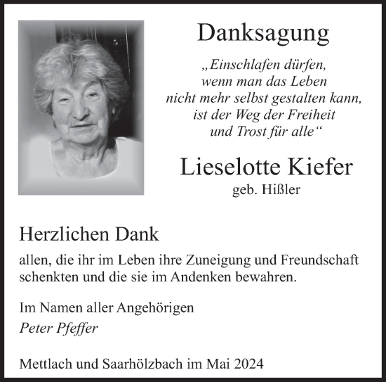 Todesanzeige von Lieselotte Kiefer von saarbruecker_zeitung