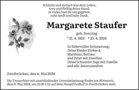 Todesanzeige von Margarete Staufer von saarbruecker_zeitung