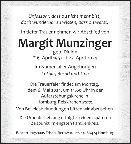Todesanzeige von Margit Munzinger von saarbruecker_zeitung