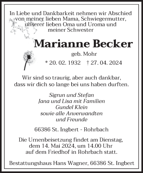 Todesanzeige von Marianne Becker von saarbruecker_zeitung