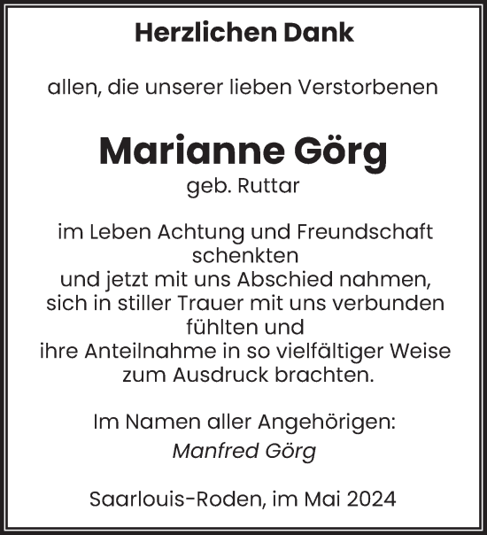 Todesanzeige von Marianne Görg von saarbruecker_zeitung