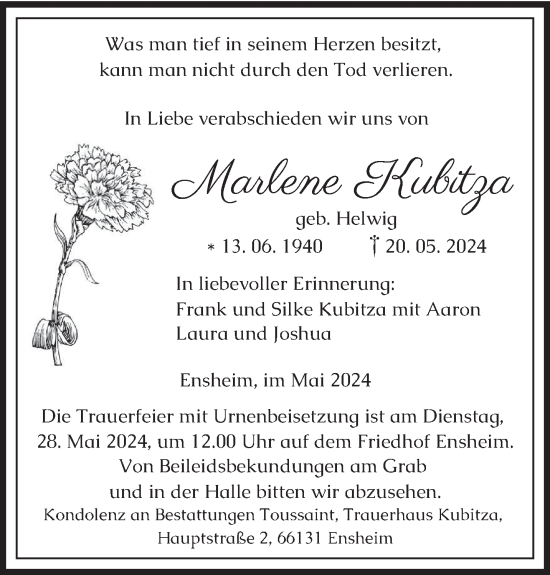 Todesanzeige von Marlene Kubitza von saarbruecker_zeitung