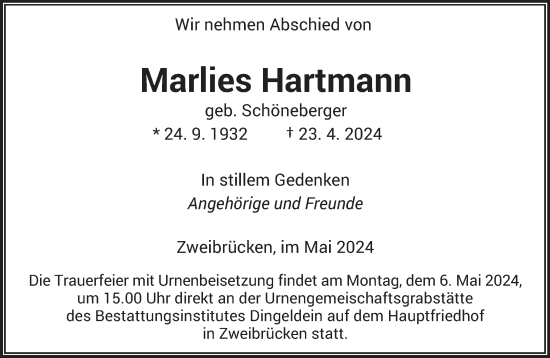 Todesanzeige von Marlies Hartmann von saarbruecker_zeitung