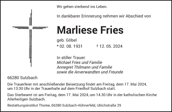 Todesanzeige von Marliese Fries von saarbruecker_zeitung