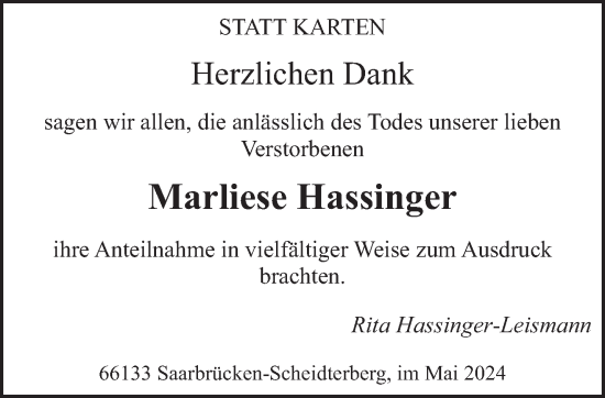 Todesanzeige von Marliese Hassinger von saarbruecker_zeitung