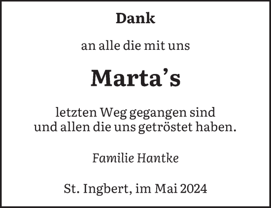 Todesanzeige von Marta  von saarbruecker_zeitung