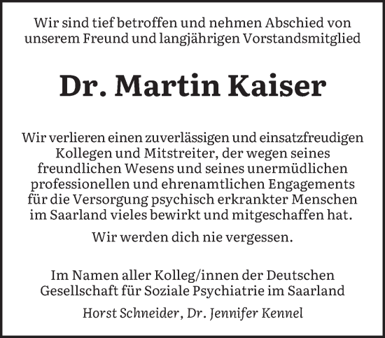 Todesanzeige von Martin Kaiser von saarbruecker_zeitung