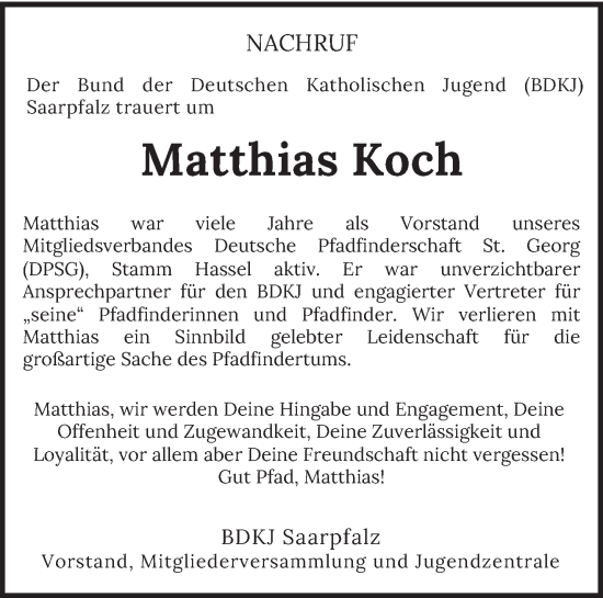 Todesanzeige von Matthias Koch von saarbruecker_zeitung