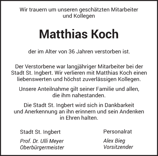 Todesanzeige von Matthias Koch von saarbruecker_zeitung