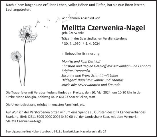 Todesanzeige von Melitta Czerwenka-Nagel von saarbruecker_zeitung