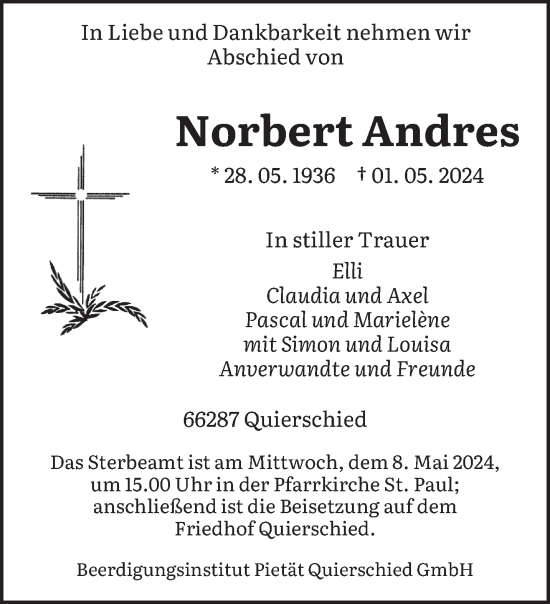 Todesanzeige von Norbert Andres von saarbruecker_zeitung