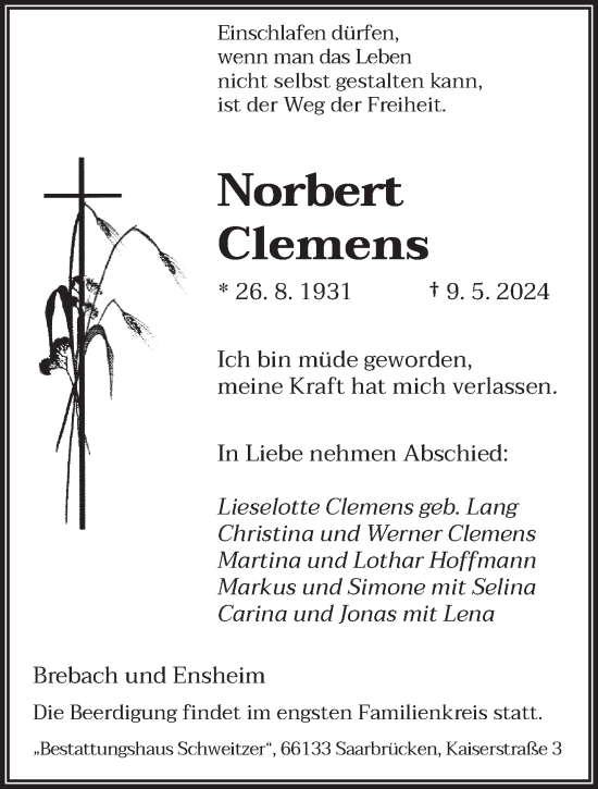 Todesanzeige von Norbert Clemens von saarbruecker_zeitung