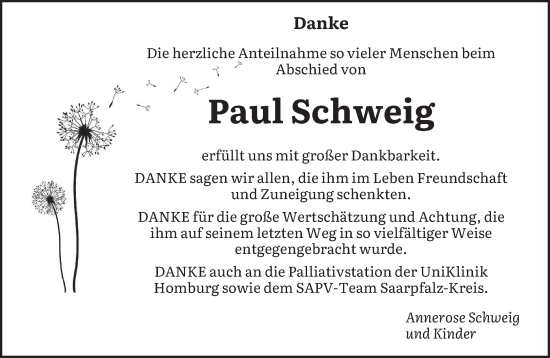 Todesanzeige von Paul Schweig von saarbruecker_zeitung
