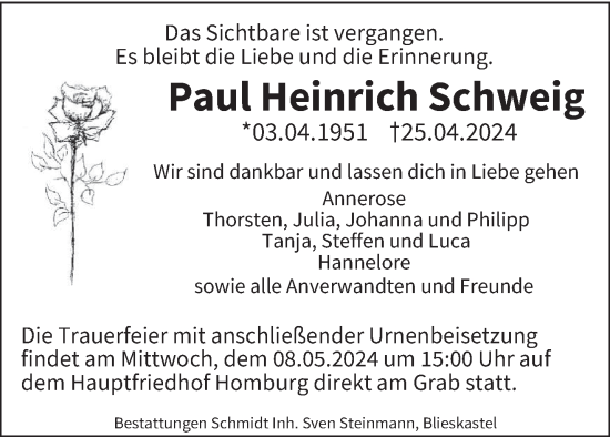 Todesanzeige von Paul Heinrich Schweig von saarbruecker_zeitung