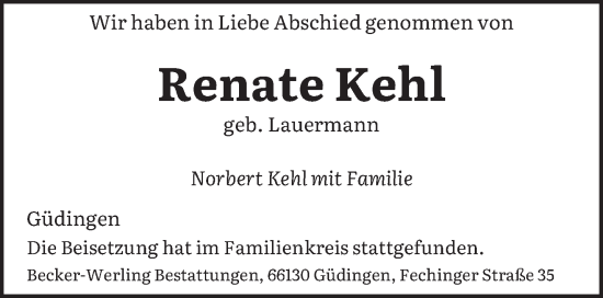 Todesanzeige von Renate Kehl von saarbruecker_zeitung