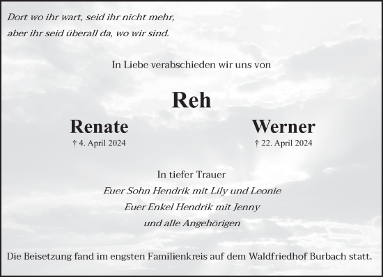 Todesanzeige von Renate und Werner Reh von saarbruecker_zeitung