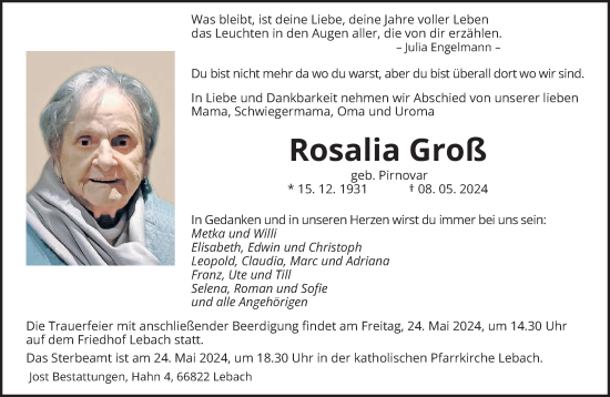 Todesanzeige von Rosalia Groß von saarbruecker_zeitung