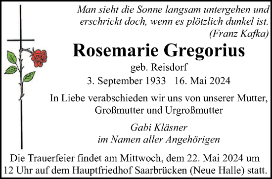 Todesanzeige von Rosemarie Gregorius von saarbruecker_zeitung