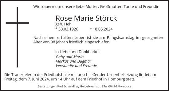 Todesanzeige von Rose Marie Störck von saarbruecker_zeitung
