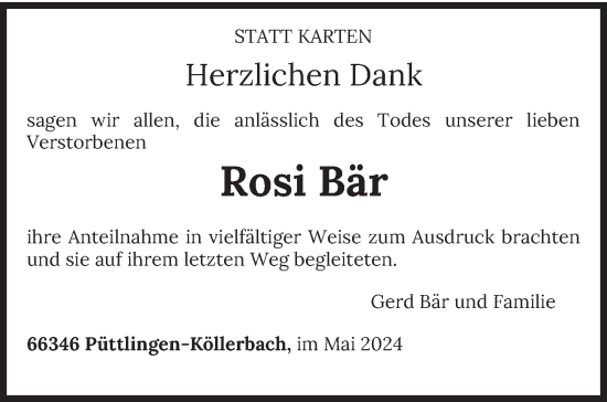 Todesanzeige von Rosi Bär von saarbruecker_zeitung