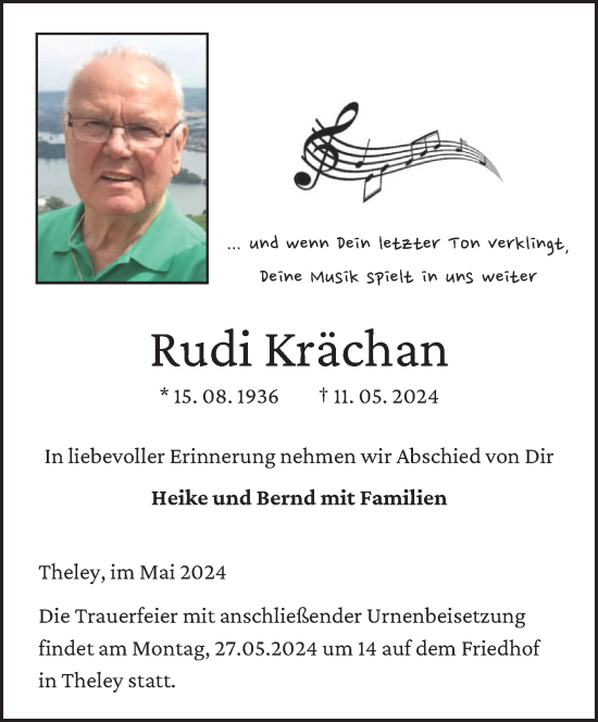 Todesanzeige von Rudi Krächan von saarbruecker_zeitung