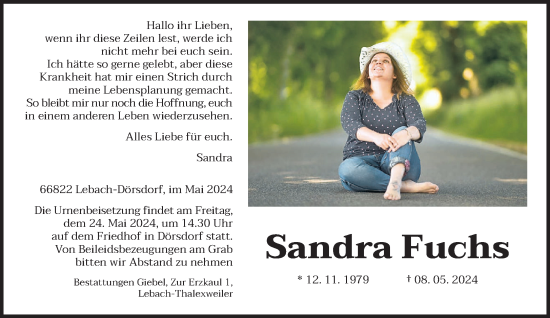 Todesanzeige von Sandra Fuchs von saarbruecker_zeitung