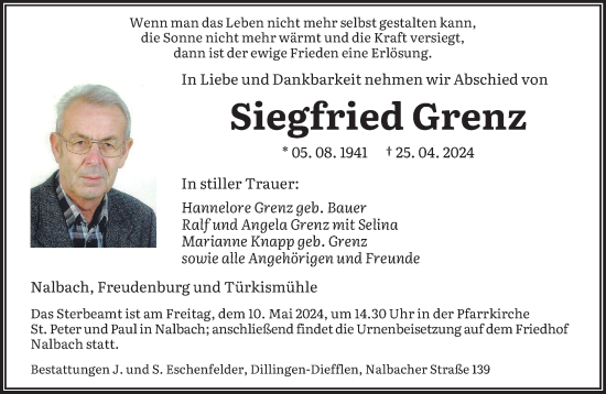 Todesanzeige von Siegfried Grenz von saarbruecker_zeitung