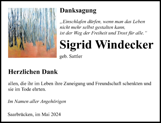 Todesanzeige von Sigrid Windecker von saarbruecker_zeitung