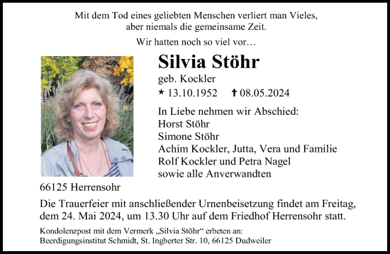 Todesanzeige von Silvia Stöhr von saarbruecker_zeitung