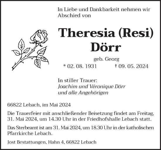 Todesanzeige von Theresia Dörr von saarbruecker_zeitung