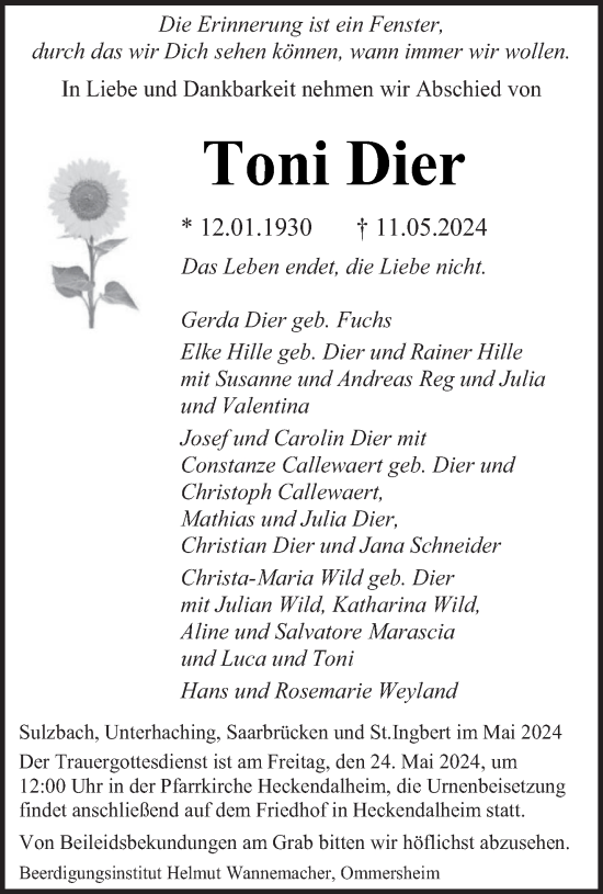 Todesanzeige von Toni Dier von saarbruecker_zeitung