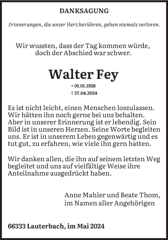 Todesanzeige von Walter Fey von saarbruecker_zeitung