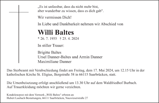 Todesanzeige von Willi Baltes von saarbruecker_zeitung