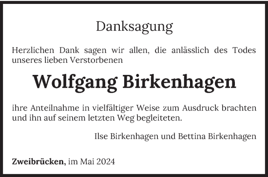 Todesanzeige von Wolfgang Birkenhagen von saarbruecker_zeitung
