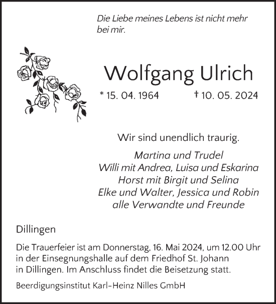 Todesanzeige von Wolfgang Ulrich von saarbruecker_zeitung