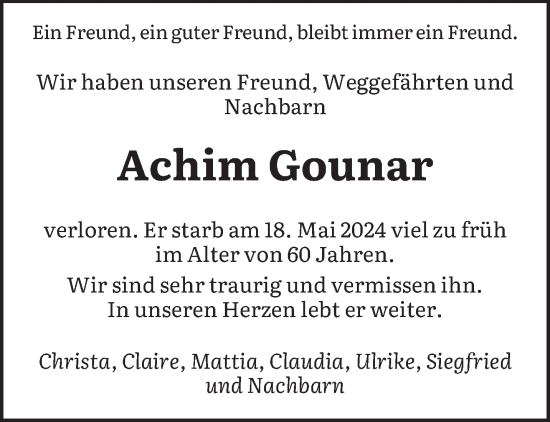 Todesanzeige von Achim Gounar von saarbruecker_zeitung