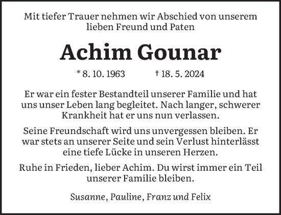 Todesanzeige von Achim Gounar von saarbruecker_zeitung