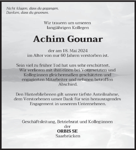 Todesanzeige von Achim Gounar von saarbruecker_zeitung