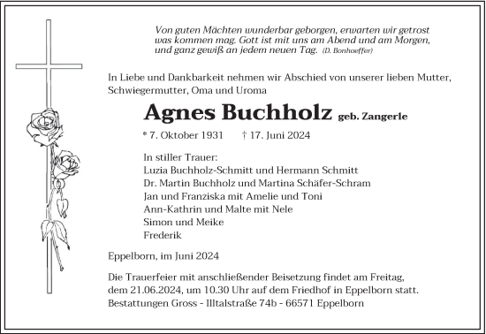 Todesanzeige von Agnes Buchholz von saarbruecker_zeitung
