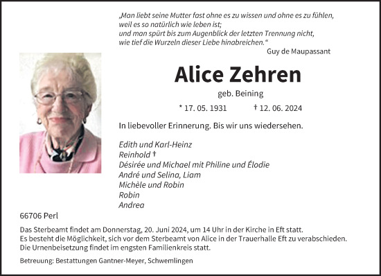 Todesanzeige von Alice Zehren von saarbruecker_zeitung
