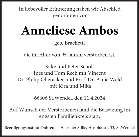 Todesanzeige von Anneliese Ambos von saarbruecker_zeitung
