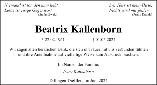 Todesanzeige von Beatrix Kallenborn von saarbruecker_zeitung