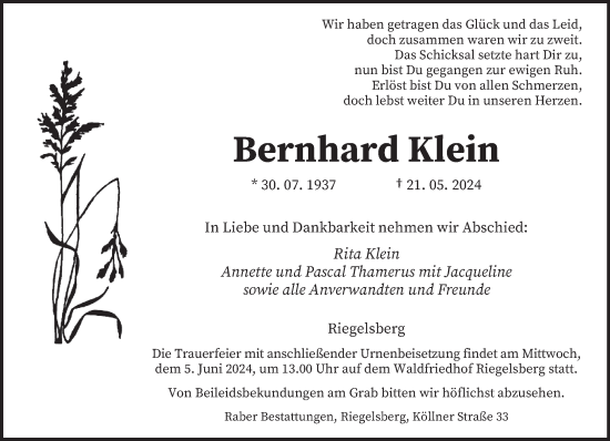 Todesanzeige von Bernhard Klein von saarbruecker_zeitung